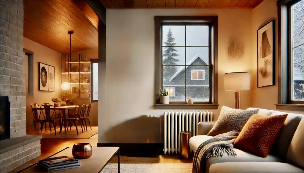 Ultimate Energy-Efficient Heating Guide for Seattle Homes 2 Energy-efficient heating setup in a cozy Seattle home with smart thermostat, mini-split heat pump, and high-efficiency furnace vent.