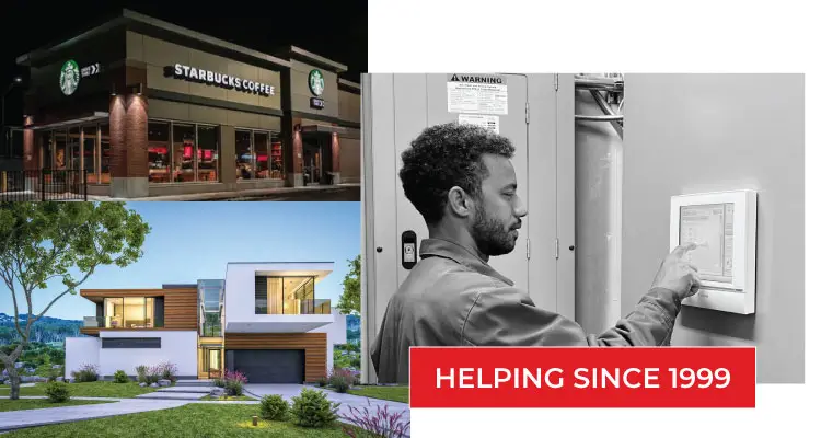 Home 1 Collage showing a Starbucks coffee shop, a modern home, and an HVAC technician adjusting a thermostat, with the text 'Helping Since 1999'.